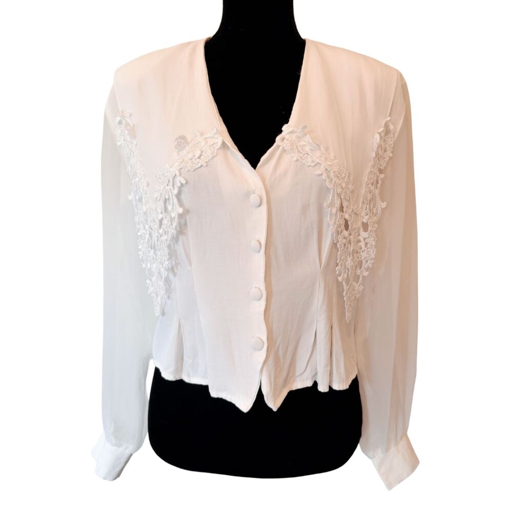VTG Coquette White Lace Sheer Blouse L Whimsygoth Victorian Western Dolly Parton